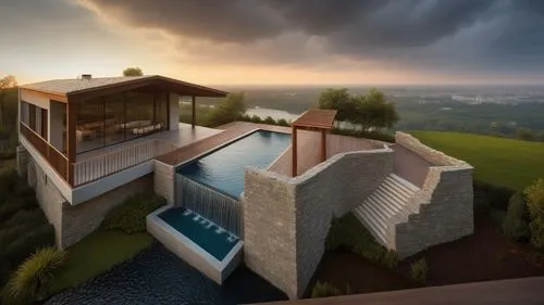 Una casa moderna en un entorno natural. La vivienda tiene una estructura de piedra y madera con un techo inclinado y amplios ventanales. En el exterior, hay una piscina elevada con borde infinito y un