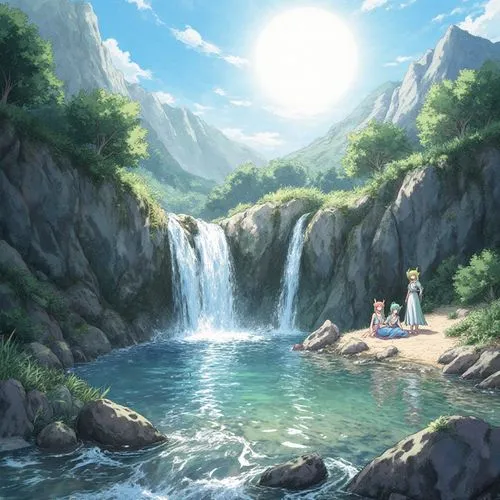 A realistic and detailed manga-style depiction of a beautiful little cove in a mountain valley in the heart of summer. Water cascades down a waterfall, forming a small lake that flows into a small riv