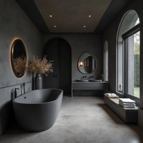  ,a large bathroom with black walls and flooring,luxury bathroom,bath room,modern minimalist bathroom,bathtub,amanresorts,bathtubs,minotti,tub,bagno,luxury home interior