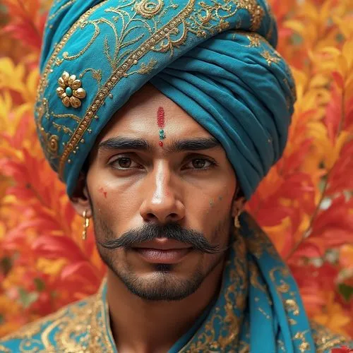 Create a vibrant portrait of a man wearing an ornate blue turban adorned with a turquoise jewel, accompanied by intricate gold embroidery. He has a defined mustache and a subtle red mark on his forehe