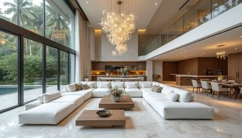 A luxurious modern living room with double-height ceilings, featuring marble flooring, an oversized white sectional sofa, large glass windows overlooking tropical greenery, warm lighting, and a centra