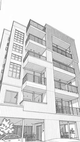 a rendering of a building with balconies,penciling,multistory,apartment building,apartment block,balconies,lofts,block balcony,facade painting,developments,redevelop,an apartment,line drawing,penthous