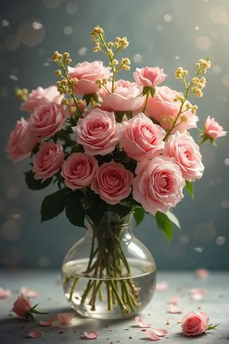  thousands of roses and flowers in the spring; wildcrafted in a crystal vase. Cinematic, realistic HDR photography.biometric shading, synesthesia,fluid lines ,pink roses in a clear vase on a table,flo