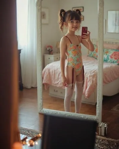 the little girl takes a selfie in the mirror,photographing children,doll looking in mirror,little ballerina,ballerina girl,little girl ballet,the little girl's room,a girl with a camera,in the mirror,