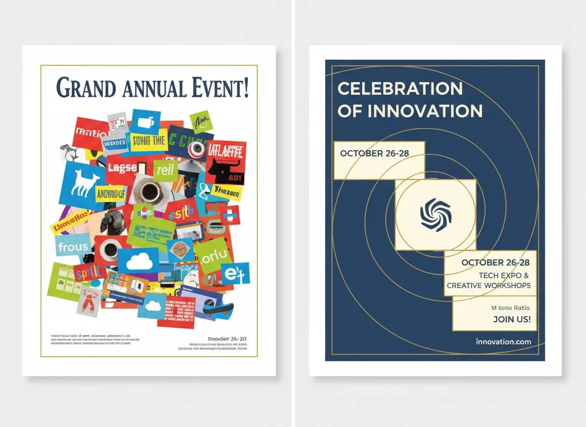 एक साथ-साथ तुलना जिसमें बाईं ओर एक अव्यवस्थित पोस्टर लेआउट और दाईं ओर एक साफ, AI-रीडिज़ाइन किया गया लेआउट दिखाया गया है जो गोल्डन रेशियो का पालन करता है।