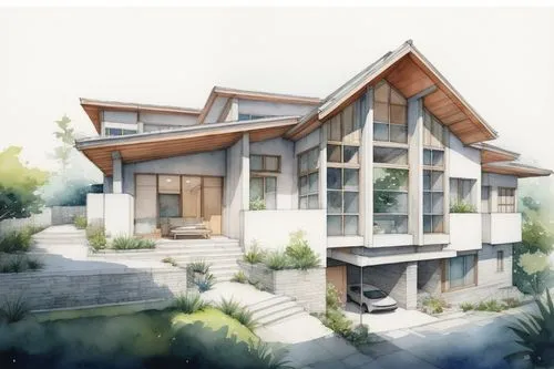 Watercolor (architecture exterior plan:1.2) for a building community (Riken Yamamoto:1.3), straight lines, square forms, penetrating lighting, dynamic spatial sequences, connecting spaces that foster 