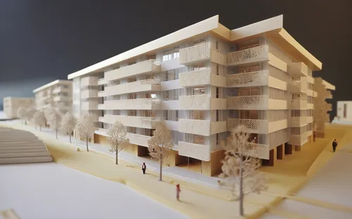 A medium shot of a detailed architectural model with balsa wood and a wooden wall on the right side of view, being illuminated from the left by a bright light source behind. The model is placed on a v