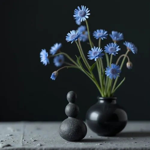 exclusive black chalk stone elegant figure decoration on table,delicate blue flower in black vase
,three blue flowers are in a vase by the rocks,blue daisies,blue flowers,blue petals,blue spheres,blue