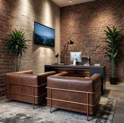the modern looking area features two couches and a monitor,assay office,credenza,modern office,bar counter,contemporary decor,wood casework,rest room,offices,search interior solutions,consulting room,