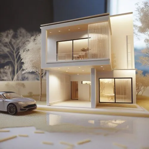 an image of a model house with car in the driveway,model house,3d rendering,dolls houses,miniature house,doll house,renders,dollhouses,cubic house,modern house,associati,render,archidaily,smart home,r
