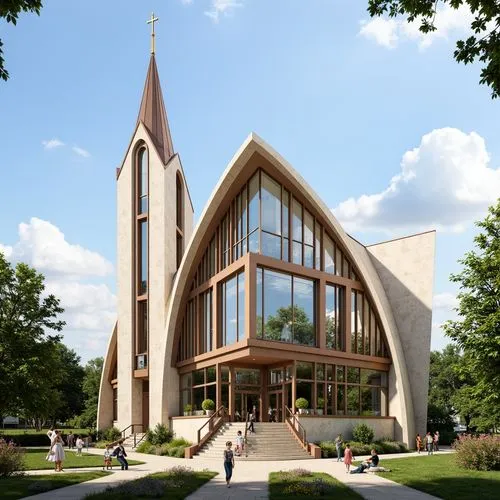 Grandiose church facade, sleek modern lines, minimalist ornamentation, large glass windows, steel frames, angular rooflines, futuristic spires, gleaming metal cladding, abstract geometric patterns, vi