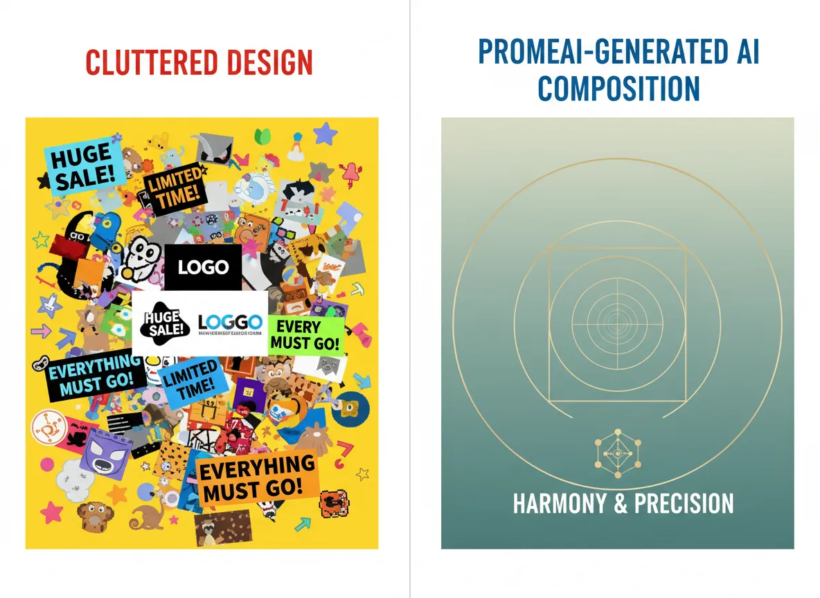 Ein direkter Vergleich, der ein überladenes Design neben einem von PromeAI generierten Bild mit einer perfekt ausgewogenen KI-Komposition zeigt.