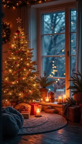 A nature-inspired Christmas wallpaper featuring cozy interiors, styled with neon lights tones, evoking a festive and cheerful atmosphere.,lit candles are sitting in the middle of a room,christmas room