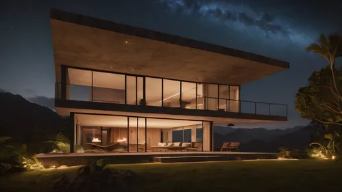 warm tropical architecture minimalist concrete mid century cottage in top of a mountain with the stars of the night timelapse, high quality, 8k,dunes house,modern architecture,modern house,3d renderin