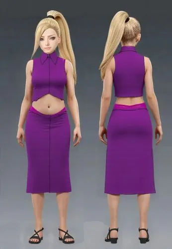 Insert the PURPLE TOP, SKIRT AND BLACK SANDALS, IN FRONT AND BACK VIEW. Do this perfectly so that it looks realistic. SHOW THE CHARACTER IN BACK AND FRONT VIEW. ,an image of a barbie doll in purple, I