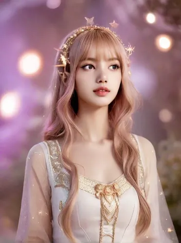 a woman,fairy queen,porcelain doll,white rose snow queen,ice princess,fairy tale character,a princess,doll's facial features,fairy,flower fairy,ethereal,little girl fairy,sakura,hanbok,joy,tiara,barbi