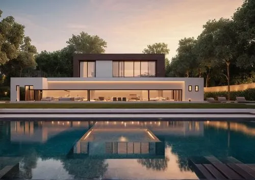 a white modern home that is surrounded by grass and trees,modern house,3d rendering,mid century house,modern architecture,pool house,dreamhouse,luxury property,luxury home,contemporary,beautiful home,