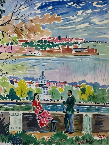 painting of a couple standing on the balcony,impressionist,promenade,impressionism,fauvist,woman playing,seine