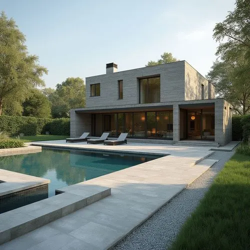 Build a villa in London with a historic facade, ultra-modern interiors, and a private underground pool.",a large swimming pool sitting next to a stone building,modern house,3d rendering,pool house,ren