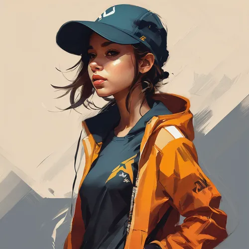 Girl in sportswear, youthful, wearing a hat，by Cory Loftis,digital painting,vector girl,study,windbreaker,girl wearing hat,jacket,girl portrait,clementine,world digital painting,puma,fashion vector,ve