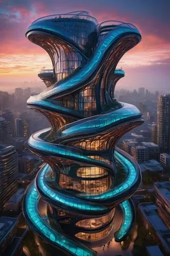 Bio-inspired architecture, futuristic cityscape, Neri Oxman's design, curved lines, organic shapes, bioluminescent accents, iridescent materials, undulating structures, interconnected modules, aerial 