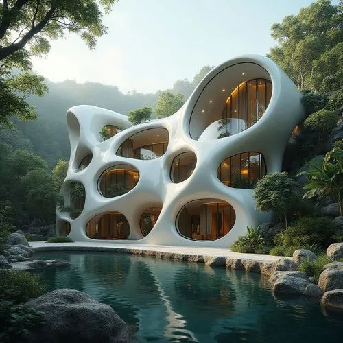 Diseño de Una vivienda Orgánica de caracter futurista al estilo del arquitecto Roberto Carlos Gómez Castro, resalta por sus formas curvilineas, amplios vitrales, balcones y sus areas exteriores ajardi
