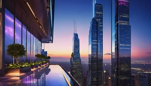 HC-inspired futuristic skyscraper, sleek metallic exterior, neon lights, holographic advertisements, bustling metropolitan cityscape, towering above surrounding buildings, grand entrance with sliding 