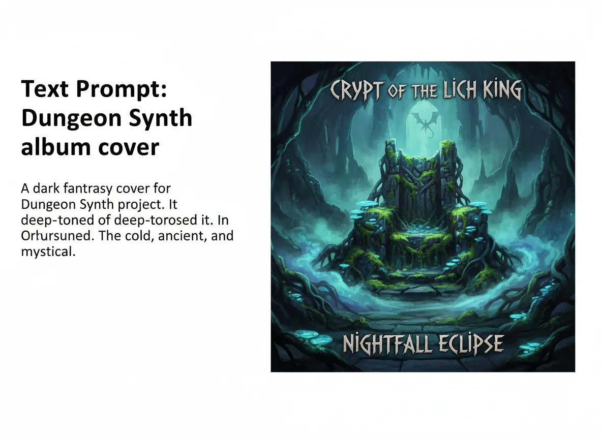Confronto affiancato che mostra un prompt di testo per 'copertina album Dungeon Synth' e l'immagine risultante generata dall'AI di un trono di pietra muschioso in una caverna oscura.