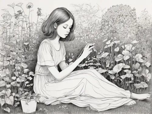 A shy girl drawing alone in a peaceful garden.,girl picking flowers,girl in the garden,girl in flowers,girl drawing,book illustration,coffee tea illustration,girl studying,little girl reading,picking 