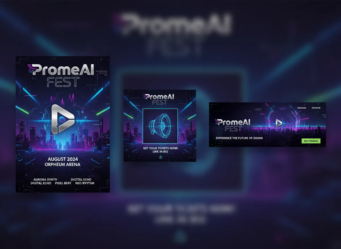 Eine Collage, die einen konsistenten Markenstil über ein Konzertplakat, einen Social-Media-Post und ein Web-Banner hinweg zeigt, alle mit PromeAI erstellt.
