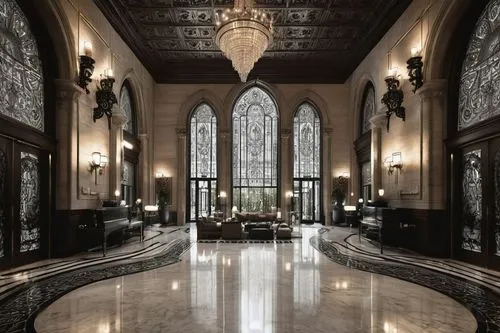 St Regis Chicago, luxurious hotel, Gothic Revival architecture, grand entrance, ornate doors, intricate stone carvings, tall ceilings, stunning chandeliers, marble floors, opulent lobby, lavish furnis