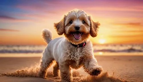 a happy cocapoo playing in the sea sand, beautiful sunset.,spinone italiano,otterhound,goldendoodle,stray dog on beach,irish soft-coated wheaten terrier,tibetan terrier,labradoodle,dog photography,pet