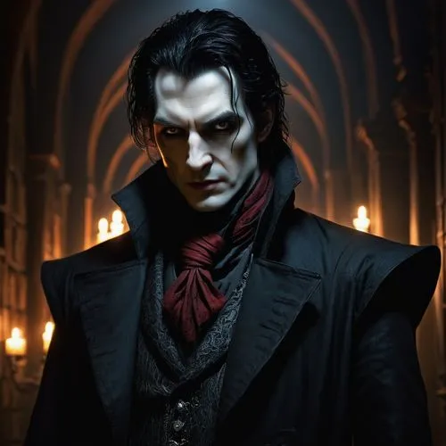 front shot of a sinister vampire and mysterious character named Mortimer Black, a tall gaunt man with pale translucent skin, hollow glowing eyes that emit a faint red light, messy black hair streaked 