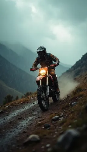 Cinematic wide-angle shot of a man accelerating his dirtbike over a rugged mountainous terrain under an overcast sky, rain droplets glimmering on the bike and rider’s gear. The dramatic lighting contr