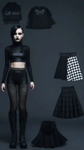 Goth Paper doll futuristic cyberpunk emp punk goth girl in black sleeveless shirt , black spandex shorts, complete full length fishnet and black goth knee Boots, standing surrounded by with a set of g
