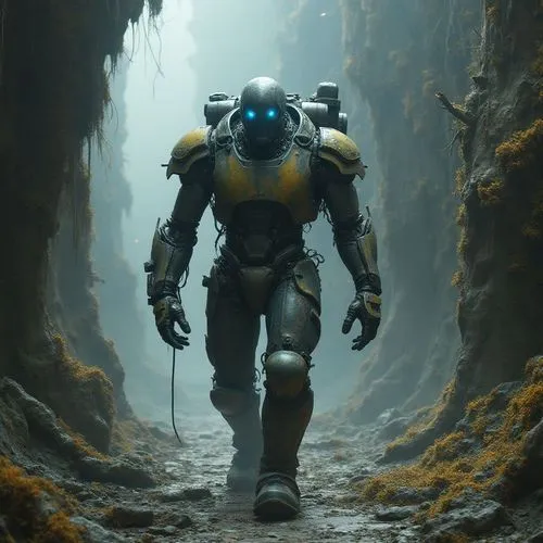 Kai, un explorateur cyberpunk au corps massif et mécanique, marche prudemment dans un environnement dystopique dévasté. Ses proportions sont inspirées du jeu Scorn : un torse large, des membres robust
