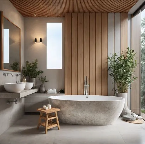 Interior Design, bathroom,a bathroom is shown with wood paneled walls,modern minimalist bathroom,luxury bathroom,bathtub,bath room,tub,bathtubs,Photography,General,Realistic