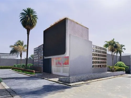 Fotografía arquitectónica hiperrealista de día, de una casa minimalista de dos niveles en esquina, construida en concreto. El volumen central del edificio está pintado en un tono rosa mate suave, mien