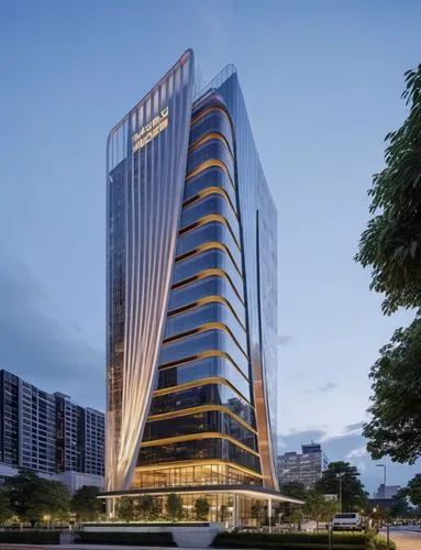 ARCHITECTURE, 1 LARGE OFFICE BUILDING, TROPICAL, TREE GARDERN
, 16 FLOORS HIGH, STYLISH FACADE WITH LOTUS FLOWERS,
there are lots of glass, windows, 
TALL, rectangular, Modern building, at dusk
tree 
