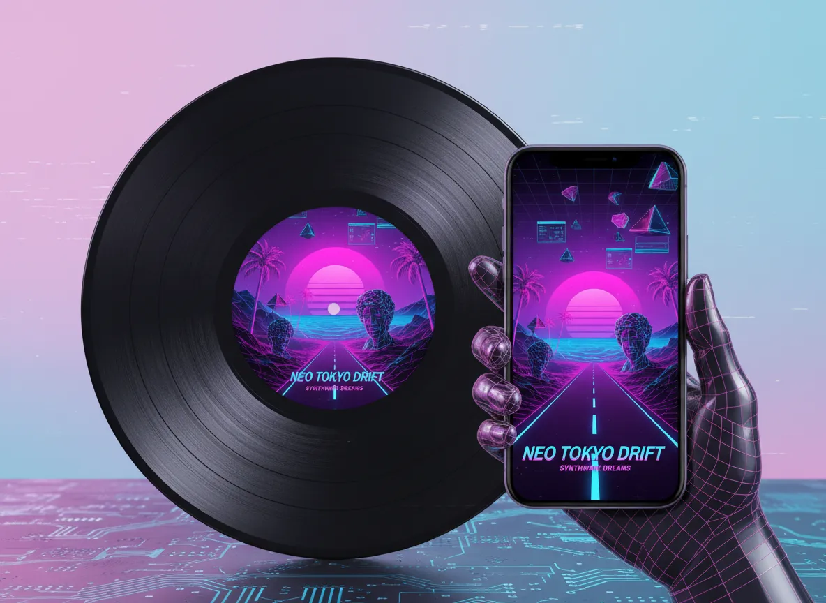 Ein Mockup einer Schallplatte und eines Smartphone-Bildschirms, die beide ein einheitliches, mit dem Tool erstelltes Vaporwave-Albumcover zeigen.