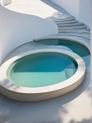 Achieve a minimalist feel with neutral colors and clean lines,infinity swimming pool,dug-out pool,water stairs,circular staircase,swim ring,floor fountain,swimming pool,pool house,winding steps,cresce