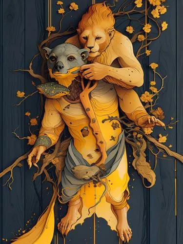 a drawing of two animals hugging each other,fox stacked animals,foxes,chimeras,dingos,dingoes,chimera,dog illustration,boy and dog,autumn theme,golden autumn,fall animals,outfoxed,nurturer,garrison,tw