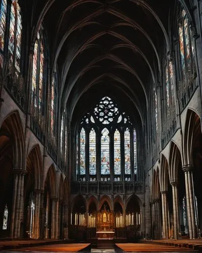 Gothic cathedral, grand, intricate stone carvings, stunning stained glass windows, soaring vaulted ceilings, ribbed arches, ornate gargoyles, dramatic lighting, misty atmosphere, mysterious, eerie sil