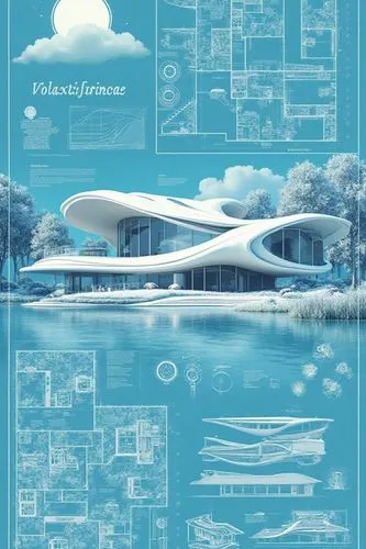 a blueprint with some images of architecture,blueprint,blueprints,futuristic art museum,futuristic architecture,aqua studio,blue print