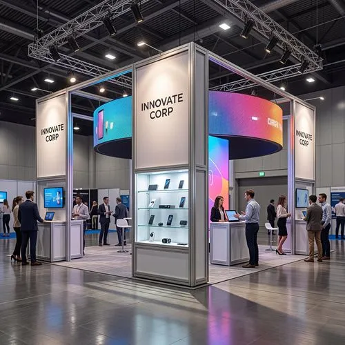 trade show booth design, open structure, modular exhibition stand, brand signage, LED panels, product showcase area, people interacting, realistic lighting, exhibition hall environment, 8k render,this