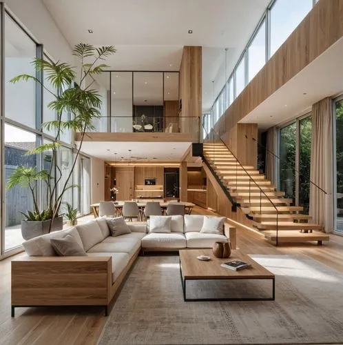 Use the uploaded sketch as the exact design reference.

Keep the original architecture unchanged. Preserve the floor plan, double-height living space, mezzanine, staircase position, window locations, 