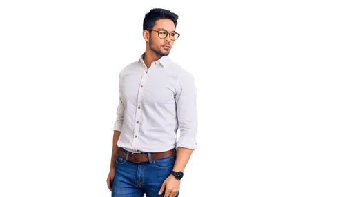 Asian man, muscular build, short black hair, trimmed beard, brown eyes, glasses, white shirt, dark blue jeans, belt buckle, standing, confident posture, urban background, natural lighting, 3/4 composi