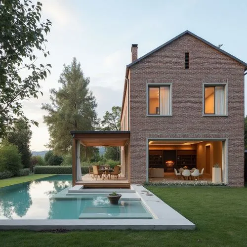  ,there is a modern house with a pool next to it,frisian house,modern house,pool house,brick house,private house,danish house