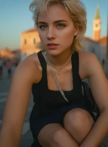 a stunning full-body conceptual art of a beautiful caucasian  young, blonde-haired woman with blue eyes, she has the short hair and she dressed in a black dress with a neckline and a brown bag in a si