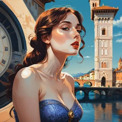 a woman in a bikini standing next to a clock tower,venetian,world digital painting,art deco woman,girl on the river,fantasy art,the girl at the station,retro woman,belle,venetian hotel,retro girl,fant